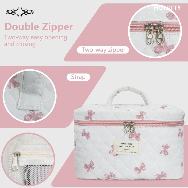 honitty Makeup Bag,Quilted Cosmetic Bag,Large Floral Make Up Bag for Women,Cotton Makeup Bag Set,Flower Travel Toiletry Bag - Image 4
